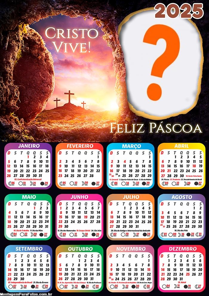 Foto Calendário 2025 Feliz Páscoa Cristo Vive Moldura