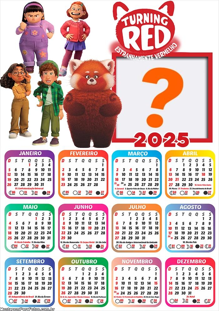 Calendário 2025 Red crescer é uma Fera Personagens Online Grátis