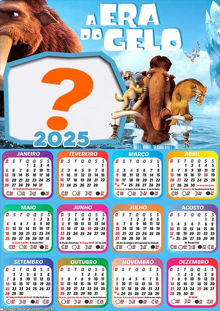 Calendário 2025 A Era do Gelo Personagens Montagem de Foto