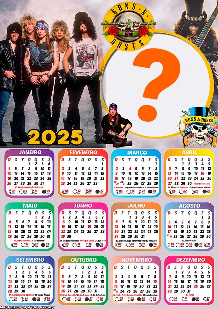 Calendário 2025 Guns N Roses Colagem Online Grátis