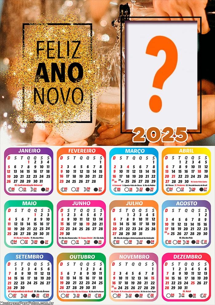 Calendário 2025 Feliz Ano Novo Dourado Colagem de Foto