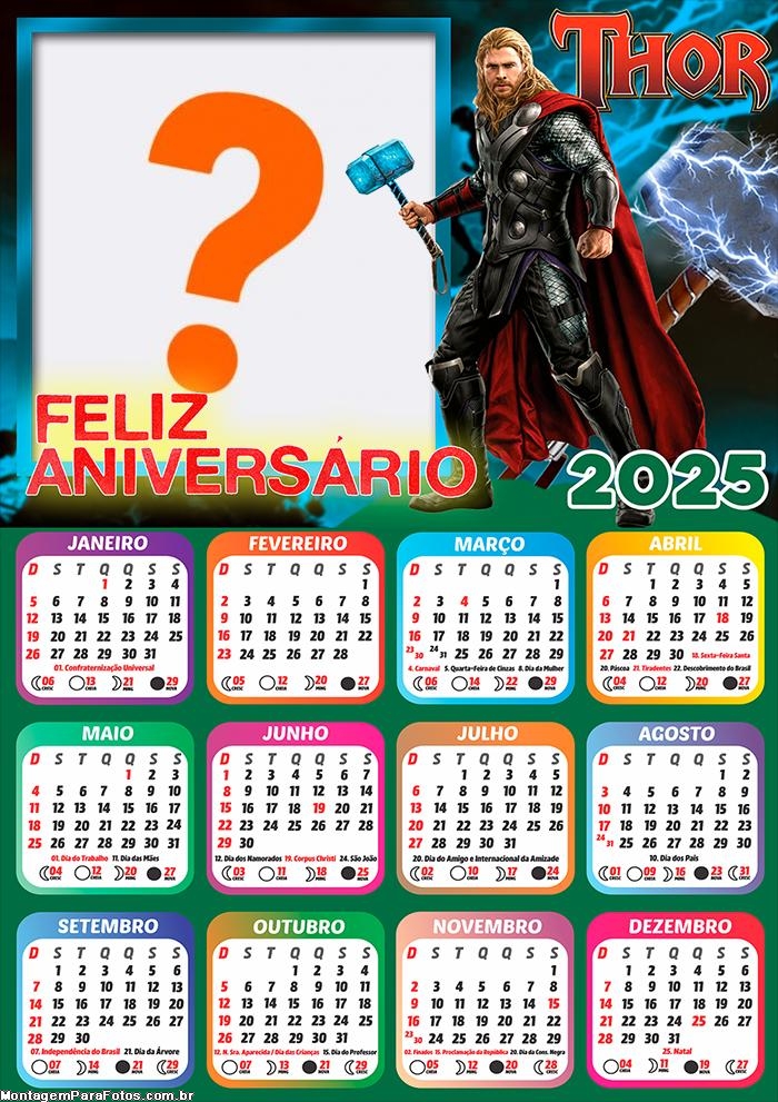 Calendário 2025 Feliz Aniversário Thor Colagem de Foto