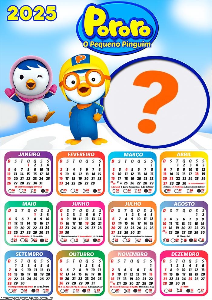 Calendário 2025 Pororo O Pequeno Pinguim Colagem de Foto