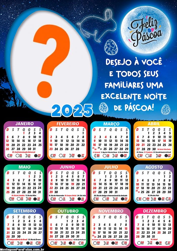 Foto Calendário 2025 Feliz Páscoa Boa Noite com Mensagem Moldura