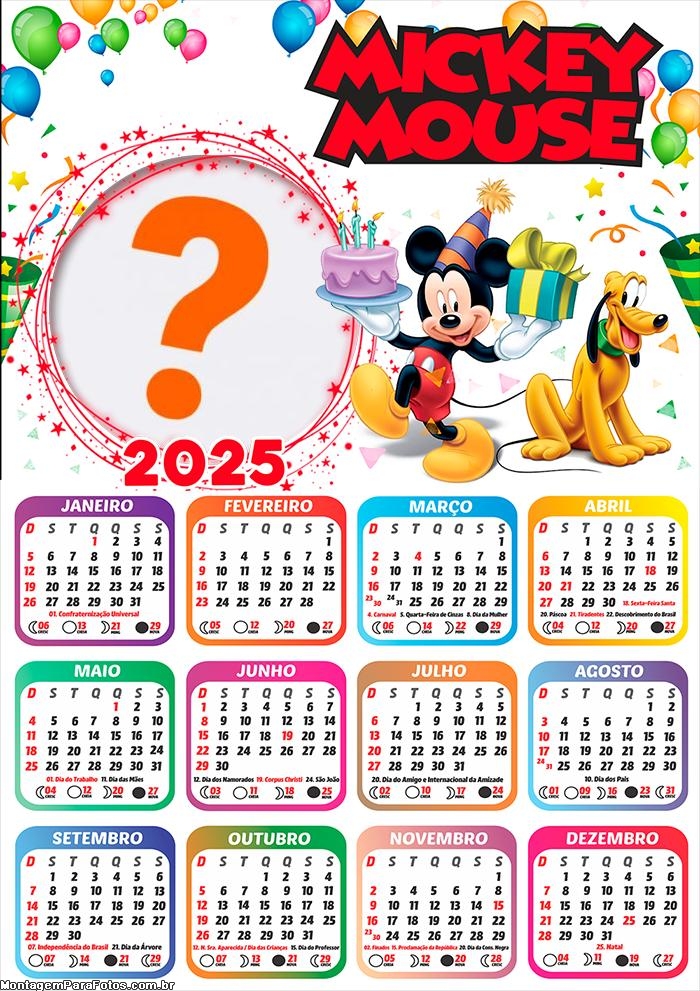 Calendário 2025 Mickey Mouse Montagem Grátis Online