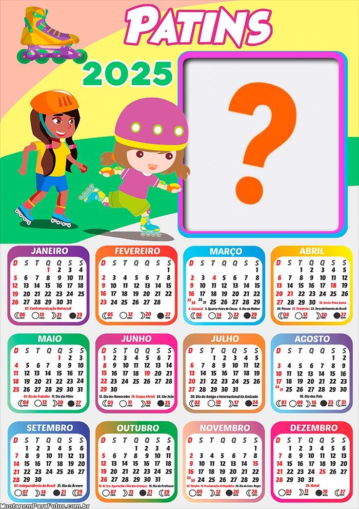 Calendário 2025 Patins Infantil Montagem Grátis Online