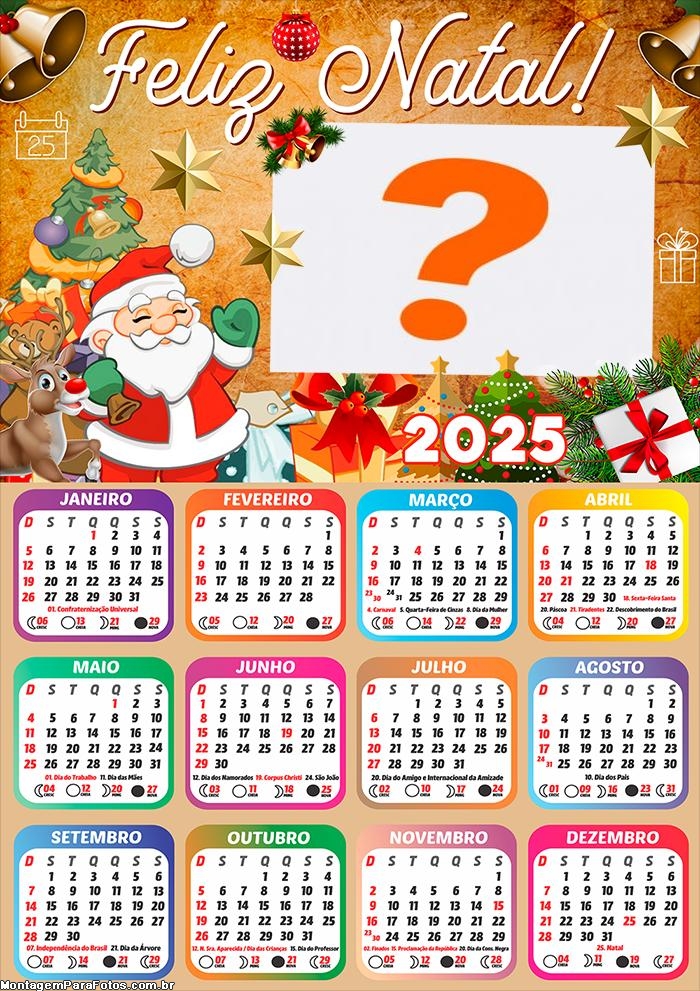 Calendário 2025 Feliz Natal Papai Noel e Rena Montagem Online