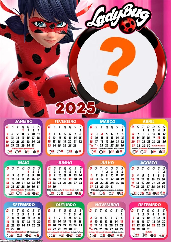 Calendário 2025 LadyBug Miraculous Foto Montagem Online