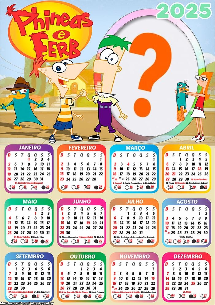 Calendário 2025 Phineas e Ferb Montagem Grátis Online