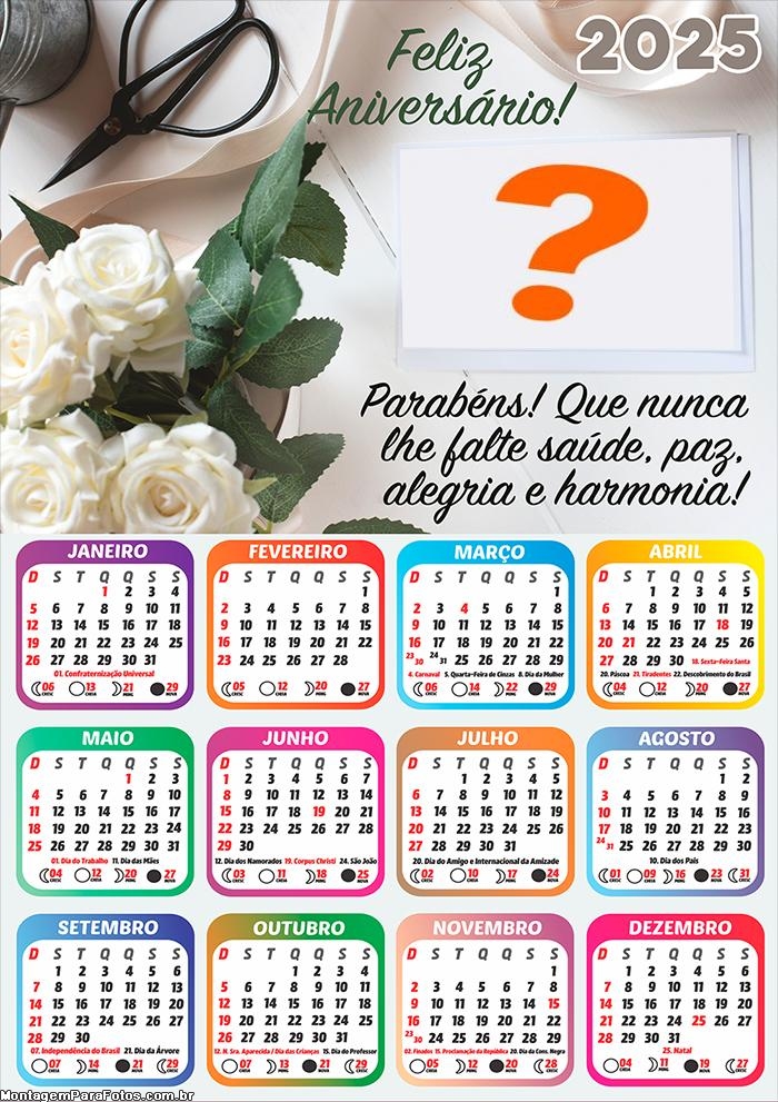 Calendário 2025 Mensagem de Parabéns Montagem de Foto