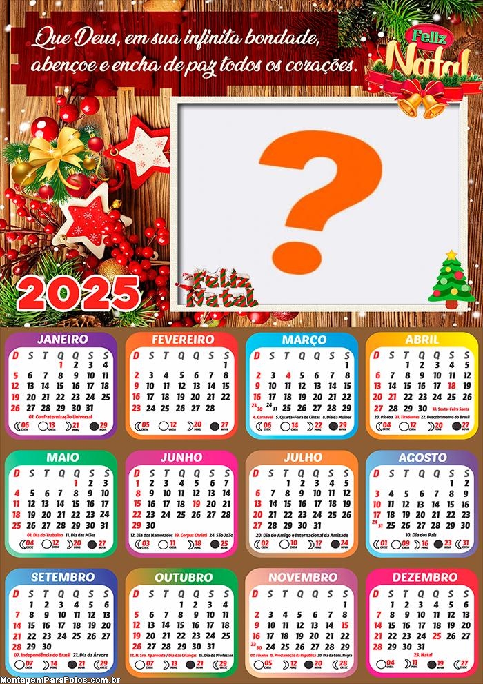 Calendário 2025 Feliz Natal de Paz em todos os Corações