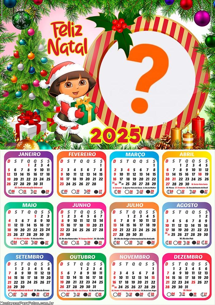 Calendário 2025 Feliz Natal Dora Aventureira Montagem de Foto