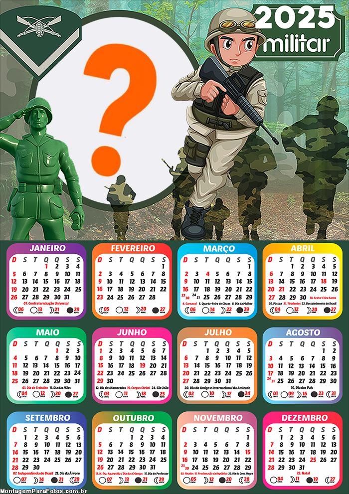 Calendário 2025 Militar Tema Montagem Grátis Online