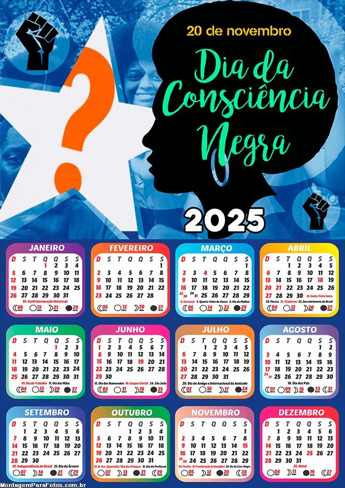 Calendário 2025 Dia da Consciência Negra 20 de Novembro Grátis Online