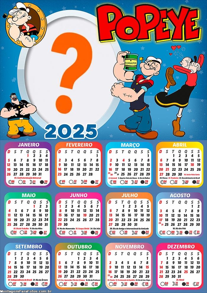 Calendário 2025 Popeye Colagem de Foto