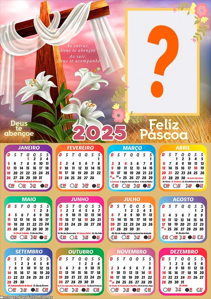 Foto Calendário 2025 Feliz Páscoa Frase Deus te Abençoe Moldura