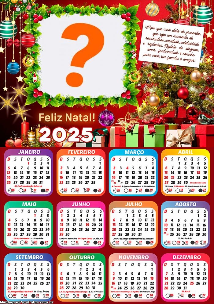 Calendário 2025 Feliz Natal com Mensagem Montagem de Foto