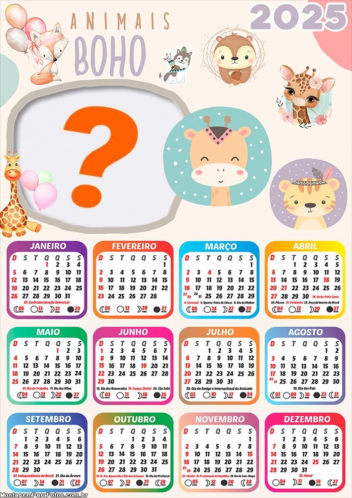 Calendário 2025 Animais Boho Colagem Online Grátis