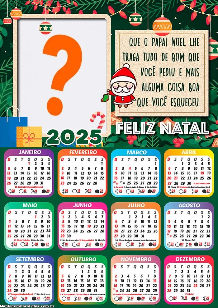 Calendário 2025 Que o Papai Noel lhe traga tudo de bom Online Grátis