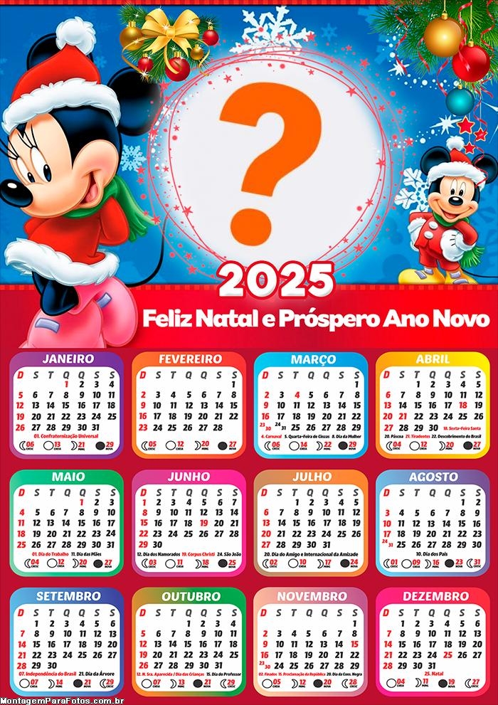 Calendário 2025 Feliz Natal Minnie e Mickey Montagem Online