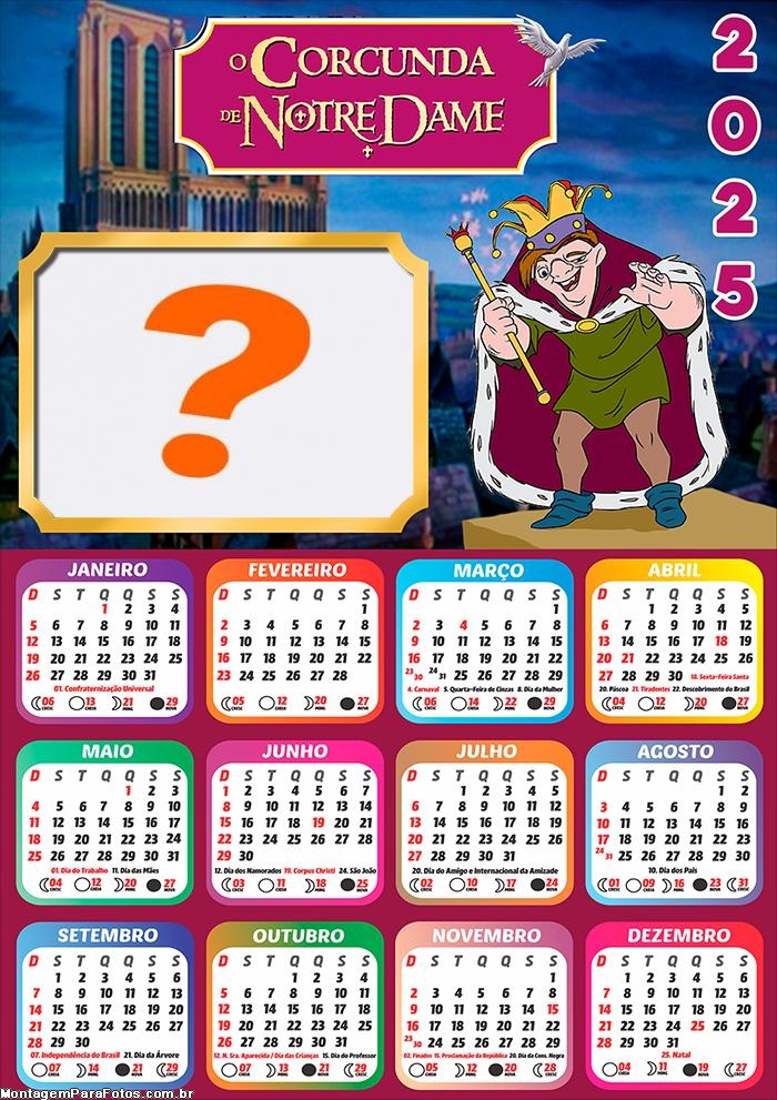 Calendário 2025 O Corcunda de Notre Dame Montagem Grátis Online