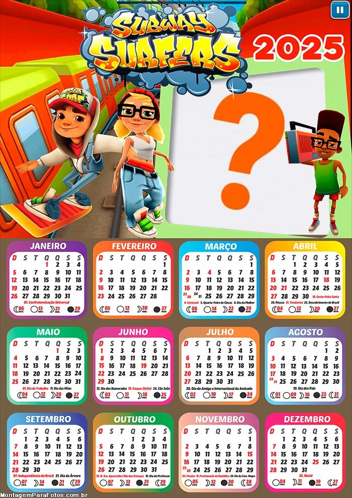 Calendário 2025 Subway Surfers Foto Montagem Grátis