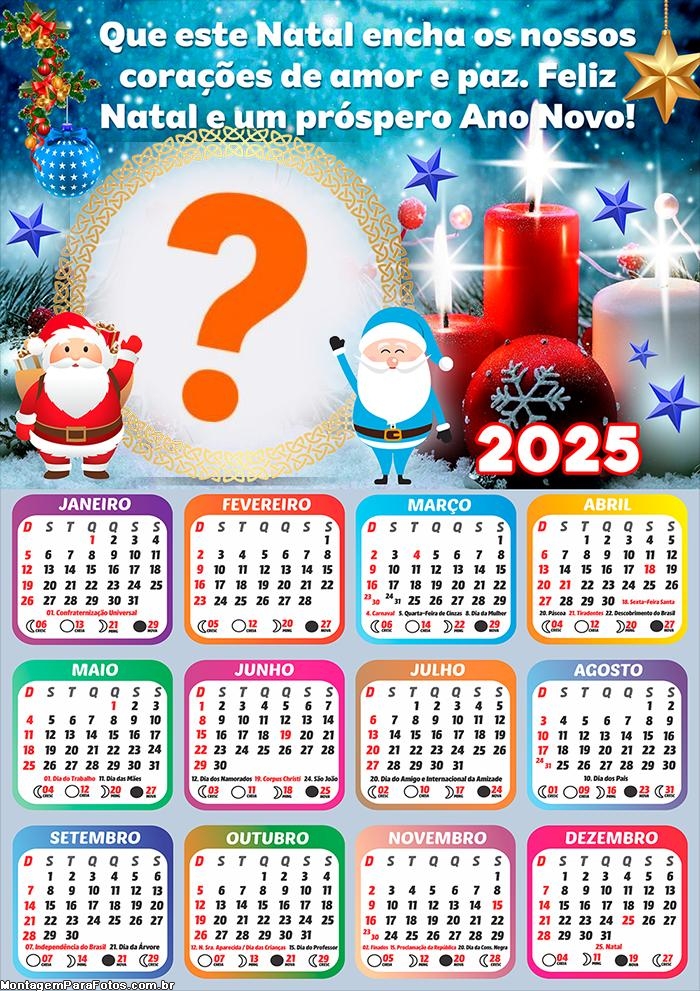 Calendário 2025 Feliz Natal Corações de Amor e Paz Montagem de Foto