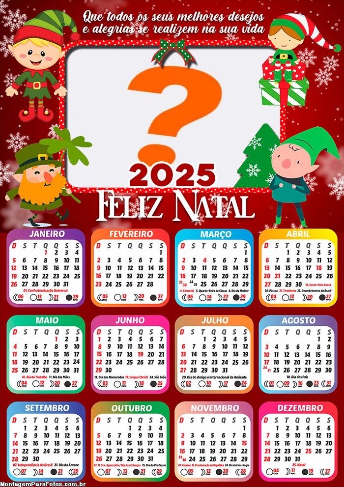 Calendário 2025 Feliz Natal Duendes do Papai Noel Montagem de Foto