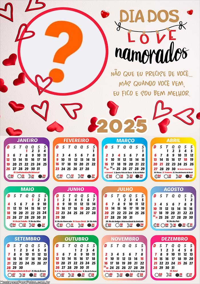 Calendário 2025 Dia dos Love Namorados Montagem Online