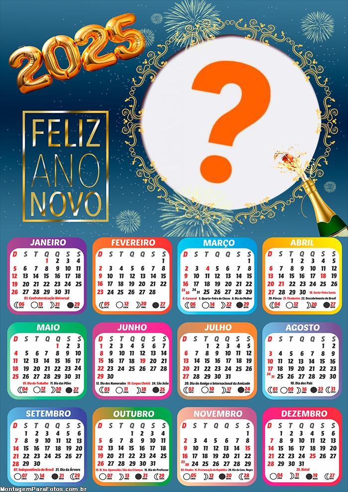 Calendário 2025 Feliz Ano Novo Montagem de Foto