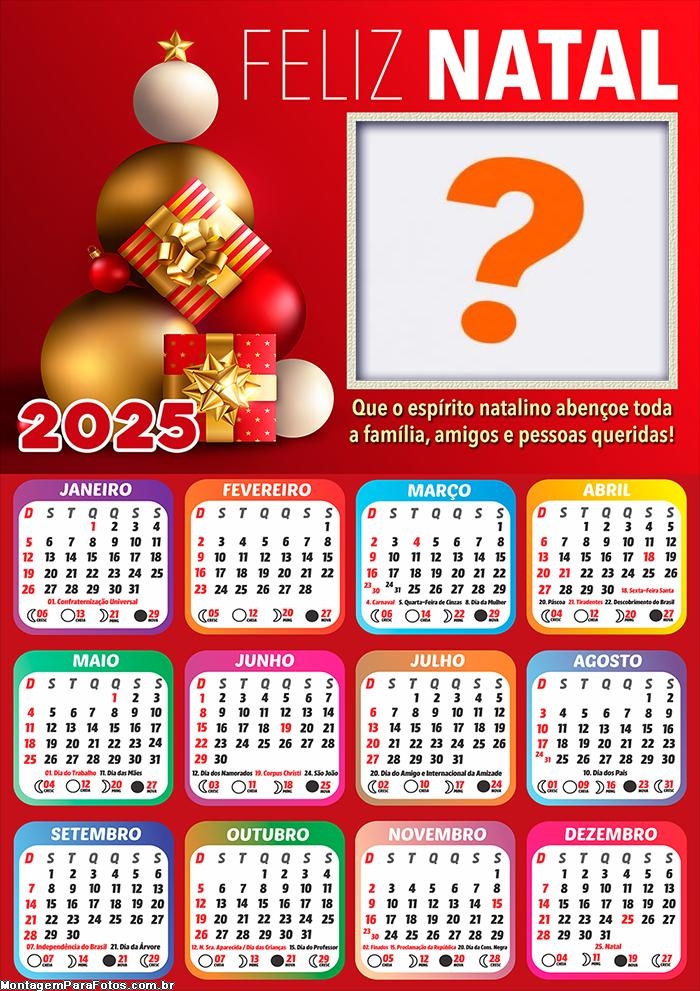 Calendário 2025 Espírito Natalino Abençoe Montagem de Foto