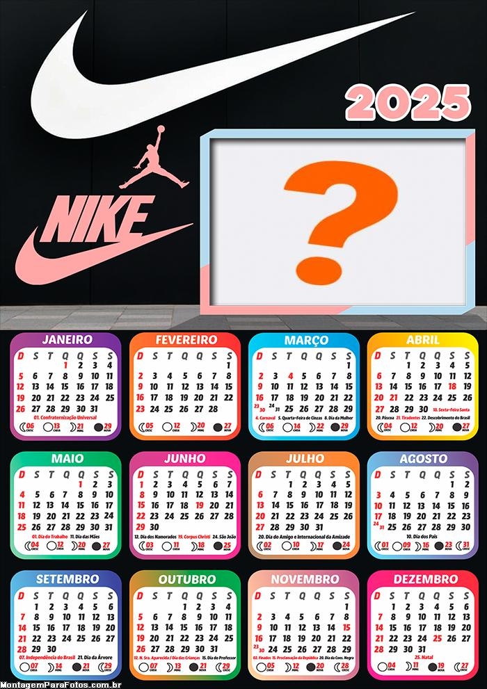 Calendário 2025 Nike para Meninas Montagem de Foto