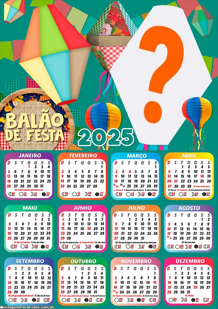 Calendário 2025 Balão de Festa Junina Foto Montagem Online