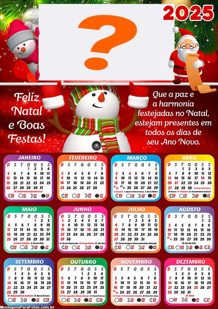 Calendário 2025 Feliz Natal e Boas Festas Montagem de Foto