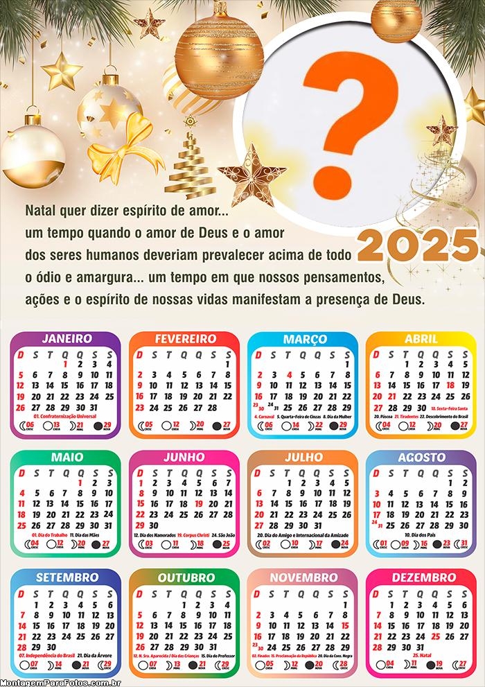 Calendário 2025 Espírito de Amor Feliz Natal Montagem de Foto