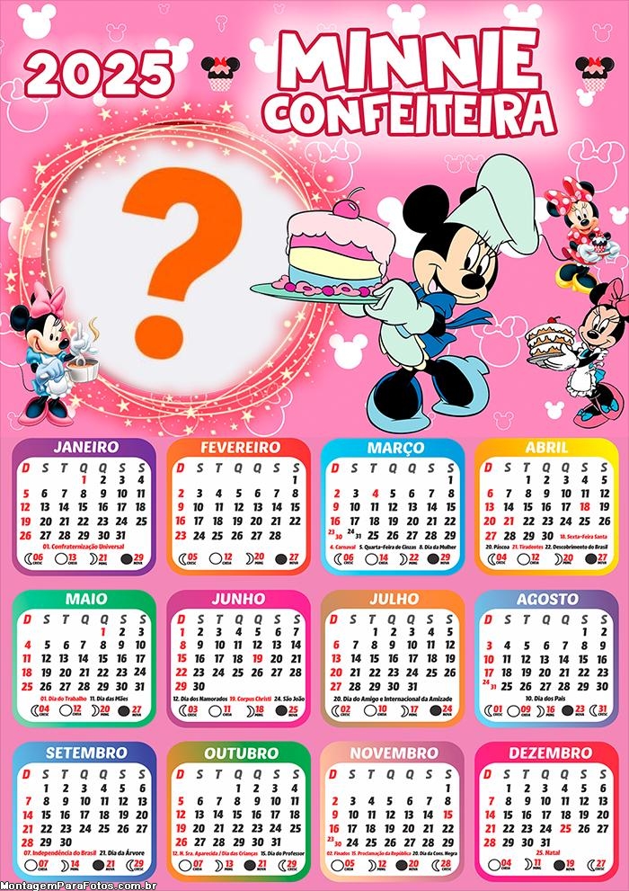 Calendário 2025 Minnie Confeiteira Montagem Grátis Online