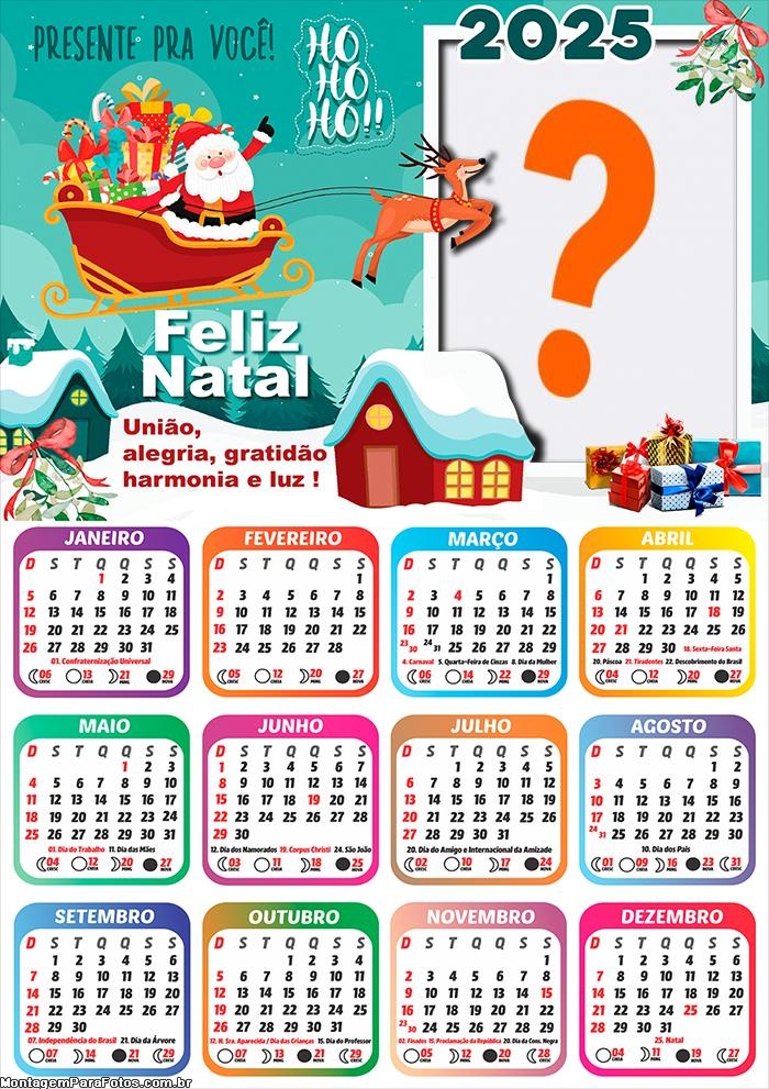 Calendário 2025 União e Alegria Feliz Natal Foto Montagem Grátis