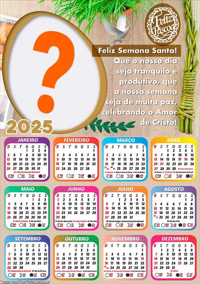 Foto Calendário 2025 Feliz Páscoa Boa Semana Santa Moldura