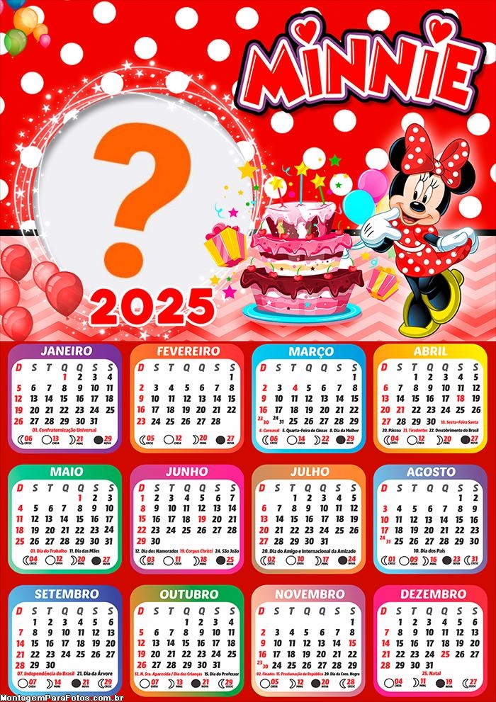 Calendário 2025 Aniversário Minnie Colagem Online Grátis