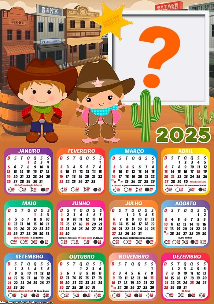 Calendário 2025 Faroeste Infantil Montagem de Foto