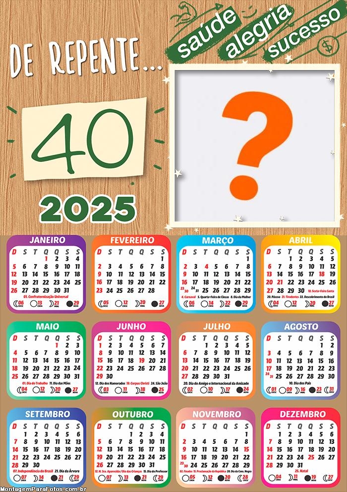 Calendário 2025 Aniversário 40 Anos Colagem Online Grátis